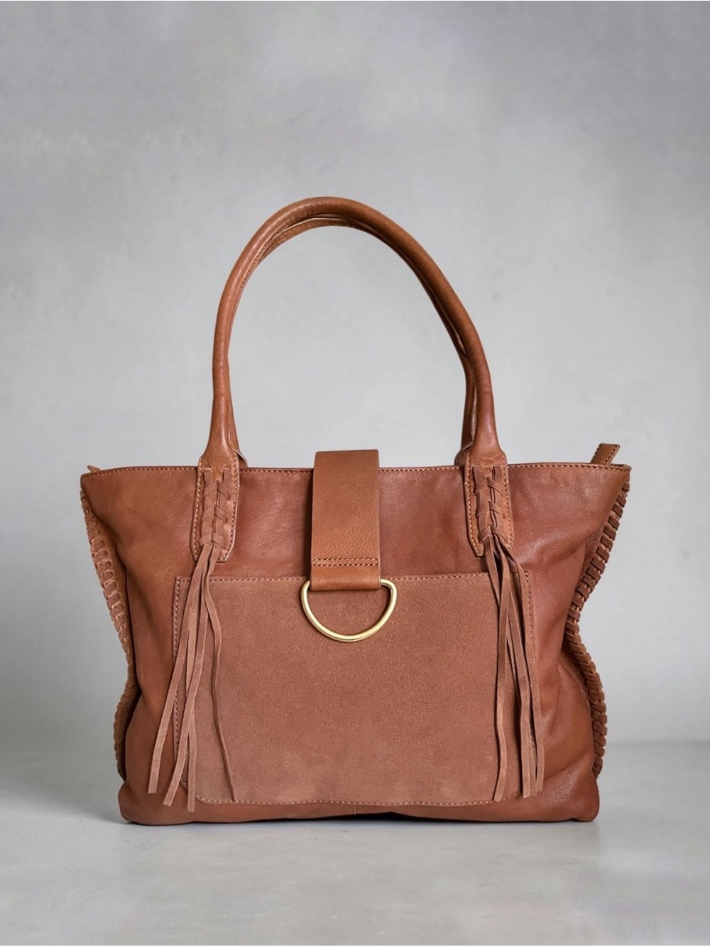Coldwater Creek Cognac Leather Large Tote Bag w/Fringe & Whipstitch Detail
